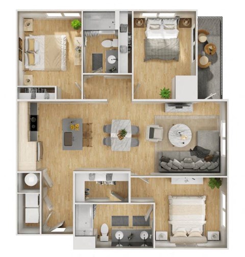 Floor plan for 3 beds, 2 baths, 1264 sqft